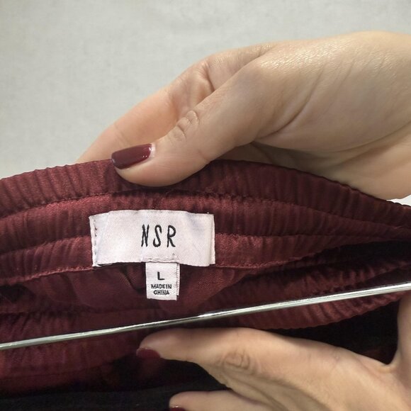 NSR Pants Womens Large Burgundy Satin Cargo Drawstring Elastic Waist Pockets - Picture 2 of 11